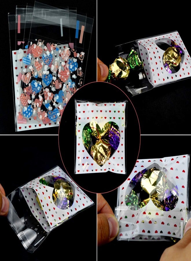 Bskifnn 400PCS Valentine Cellophane Bags Love Heart Printed Self Adhesive Cookie Treat Bags Gift Bags for Valentine's Day Party Supplies 4 Styles Valentine's Day Mother's Day - Image 3